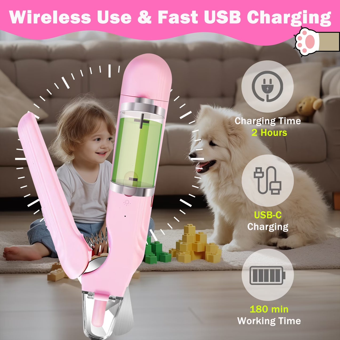 Electric Dog Cat Nail Clippers Trimmer with LED Light Durable Grinder for Large Medium Small Dogs Cats Pets, Pink