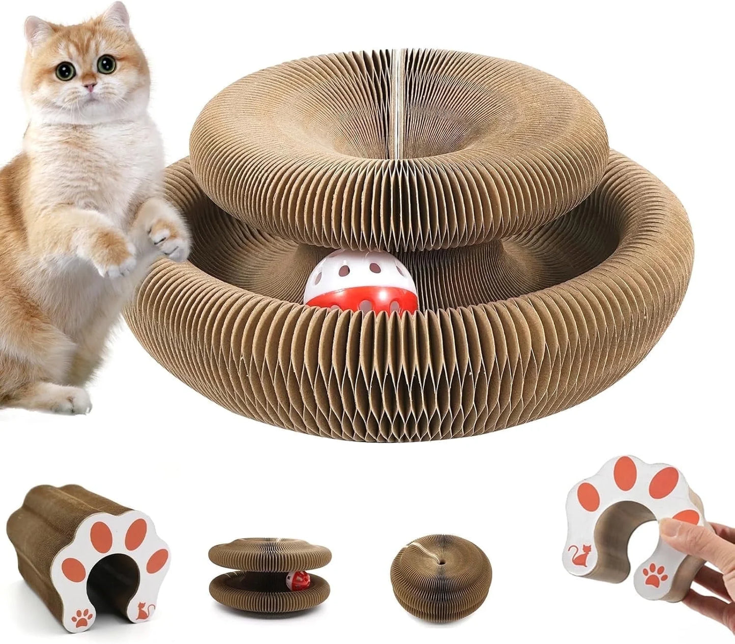LCOKEIY Accordion Magic Organ Cat Scratching Board Toy with Two Bell Balls- 2 Pcs Kitty Kurlz Ball Scratch Pad Scratcher