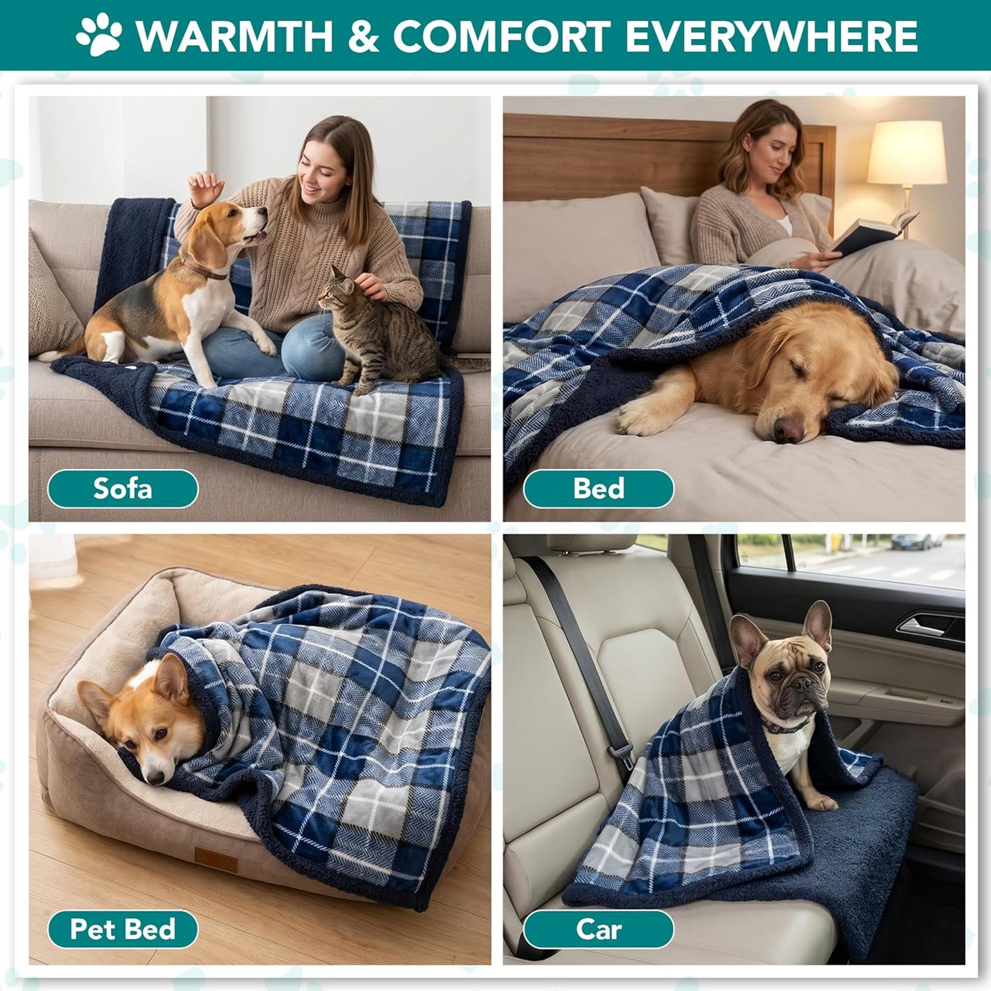 Dog Blanket for Bed, XL Pet Blanket Large Dogs, Fleece Furniture Couch Cover Protector Sofa Car Crate Kennel, Soft Sherpa Cat Throw Plush Reversible Washable, Twin 60X80 Plaid Navy Blue