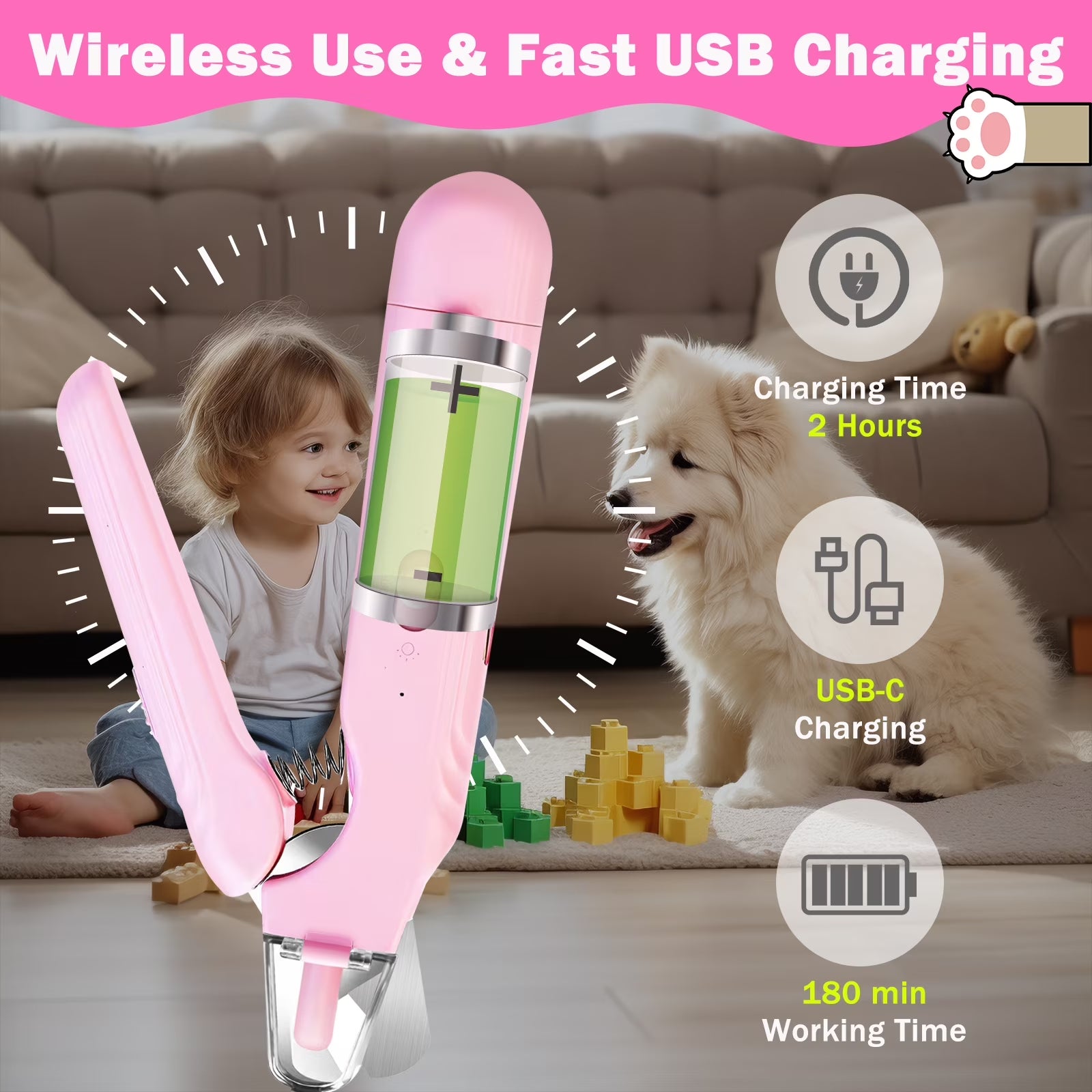 Electric Dog Cat Nail Clippers Trimmer with LED Light Durable Grinder for Large Medium Small Dogs Cats Pets, Pink