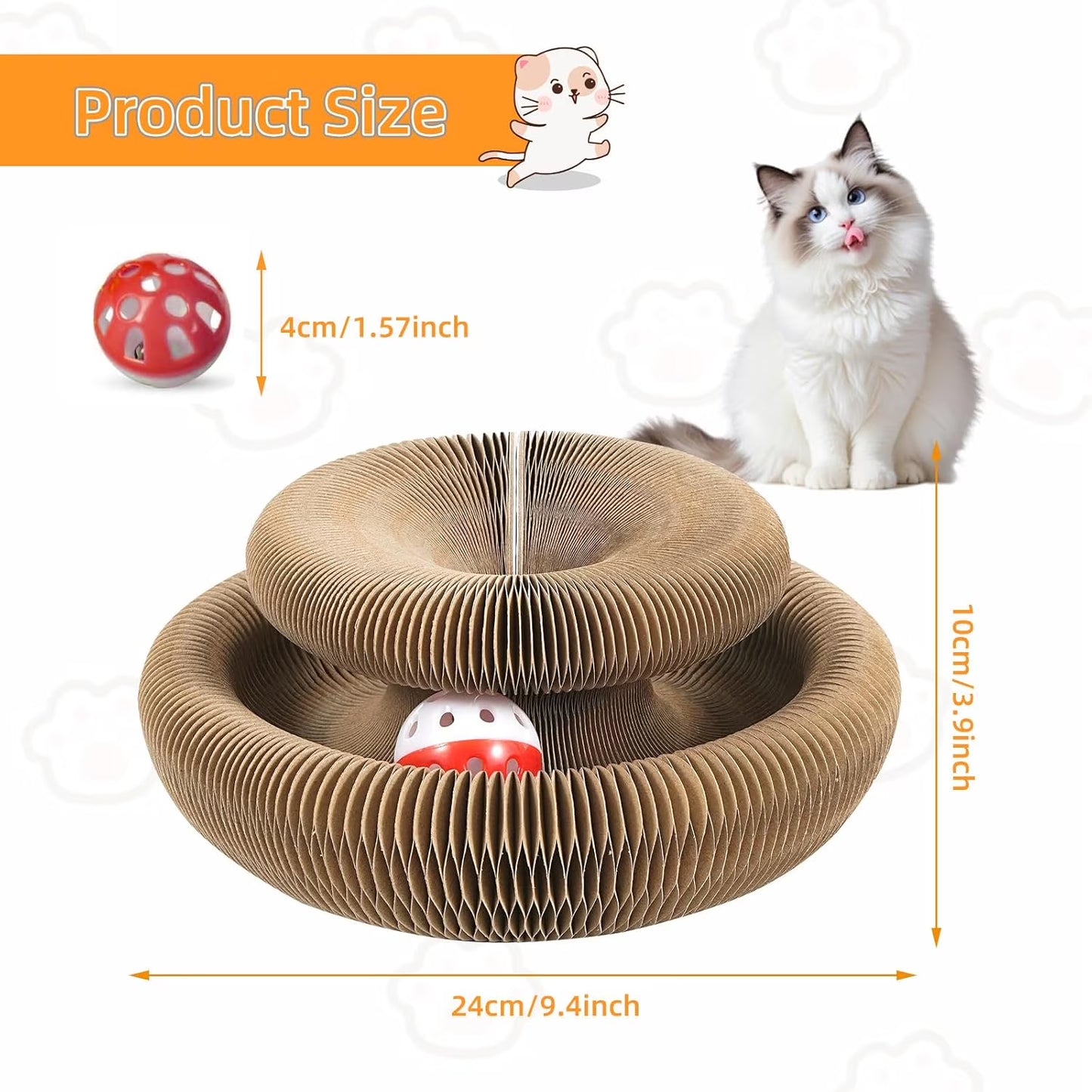 LCOKEIY Accordion Magic Organ Cat Scratching Board Toy with Two Bell Balls- 2 Pcs Kitty Kurlz Ball Scratch Pad Scratcher