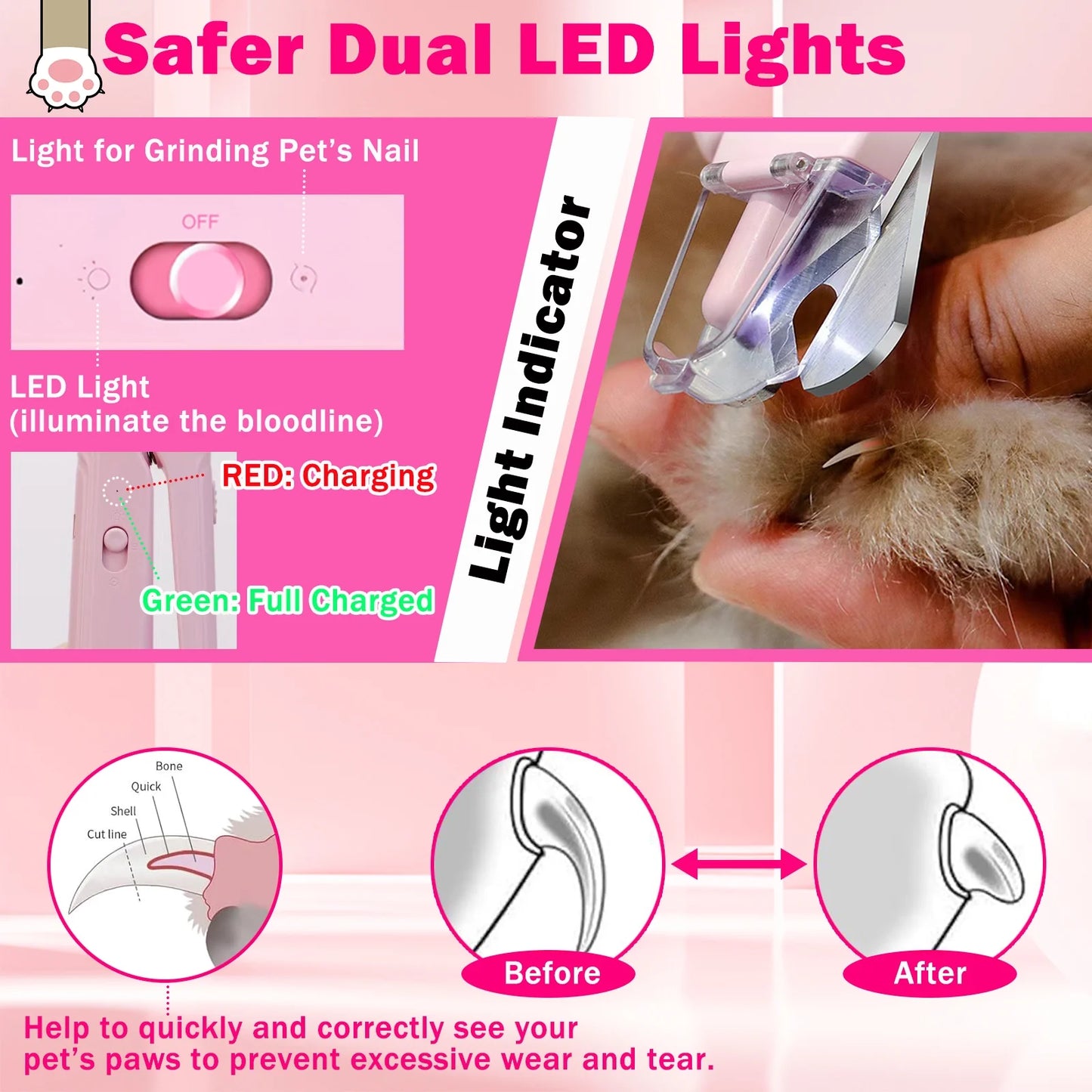 Electric Dog Cat Nail Clippers Trimmer with LED Light Durable Grinder for Large Medium Small Dogs Cats Pets, Pink