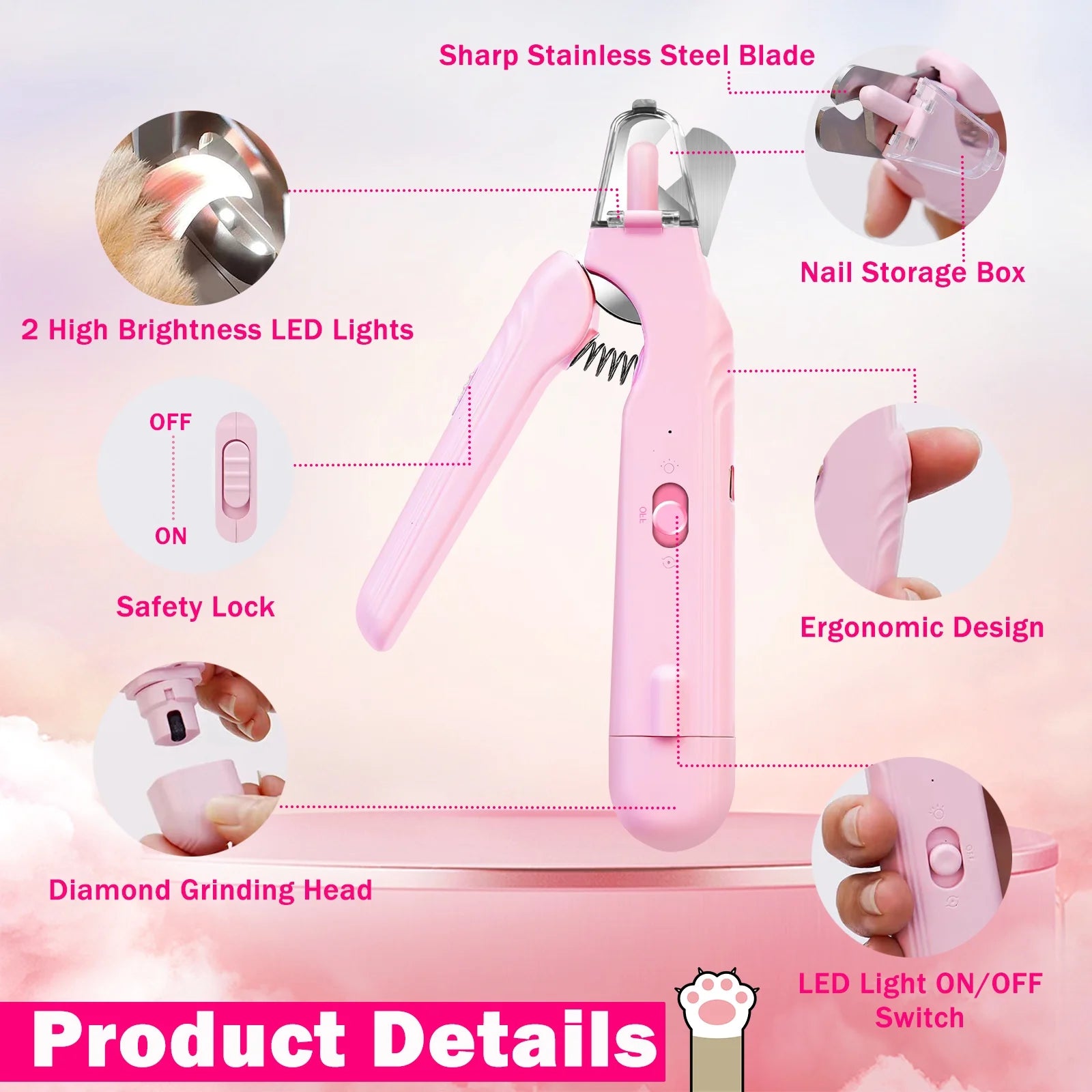 Electric Dog Cat Nail Clippers Trimmer with LED Light Durable Grinder for Large Medium Small Dogs Cats Pets, Pink