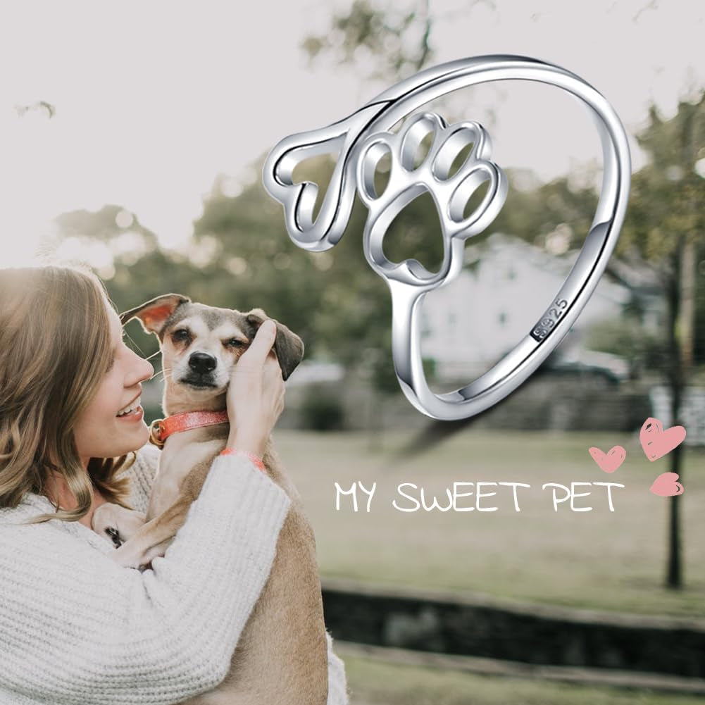 Puppy Pet Lovers Paw Print Ring Heart 925 Sterling Silver Adjustable Ring Pet Animal Jewelry Creative Pierced Love Dog Cat Claw Ring Pet Loving Friend Families Gifts