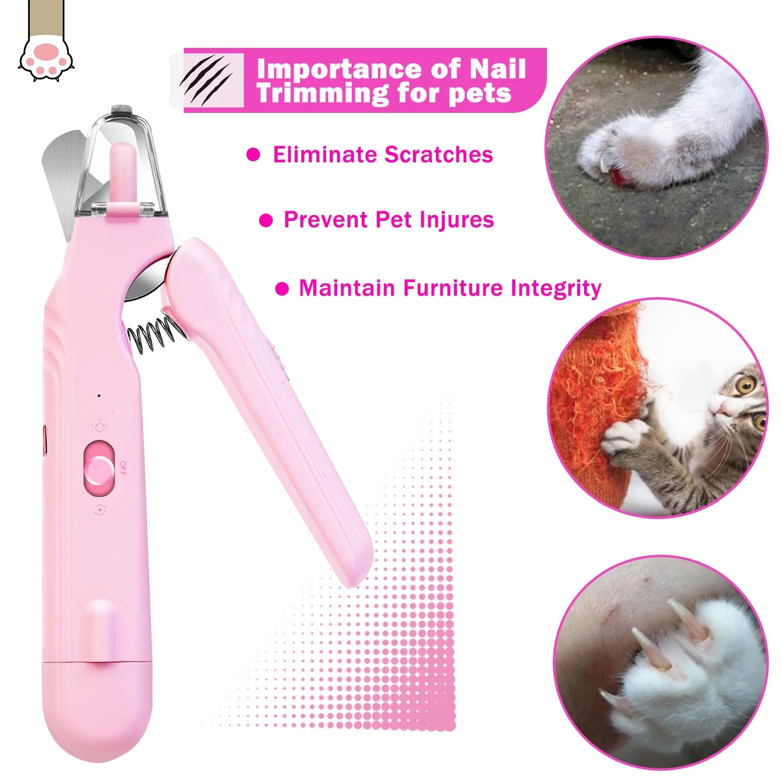 Electric Dog Cat Nail Clippers Trimmer with LED Light Durable Grinder for Large Medium Small Dogs Cats Pets, Pink