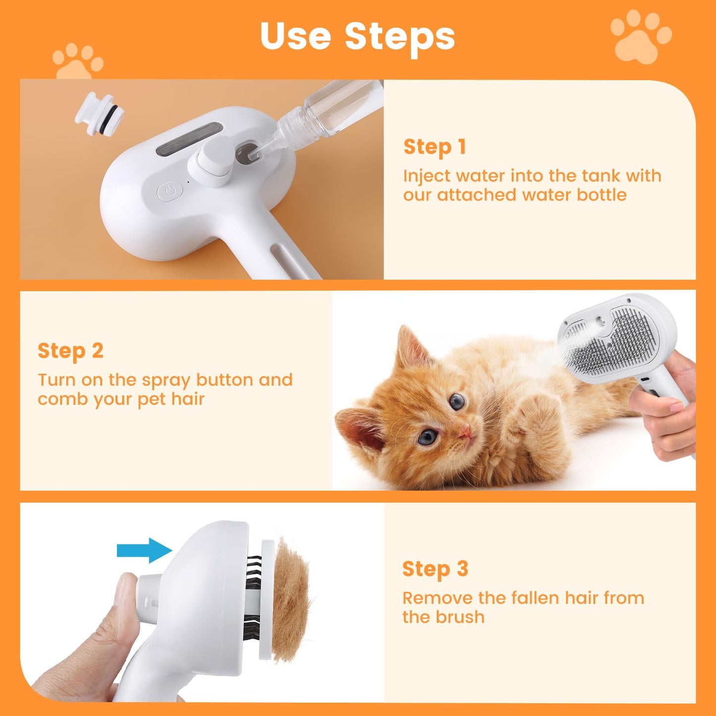Pet Steam Brush for Indoor Cats & Dogs, Self Cleaning Cat Brush for Shedding & Grooming Supplies, Anti-Static & Anti-Flying Hair Water Mist Spray Hair Removal Comb for Long & Short Haired Animals