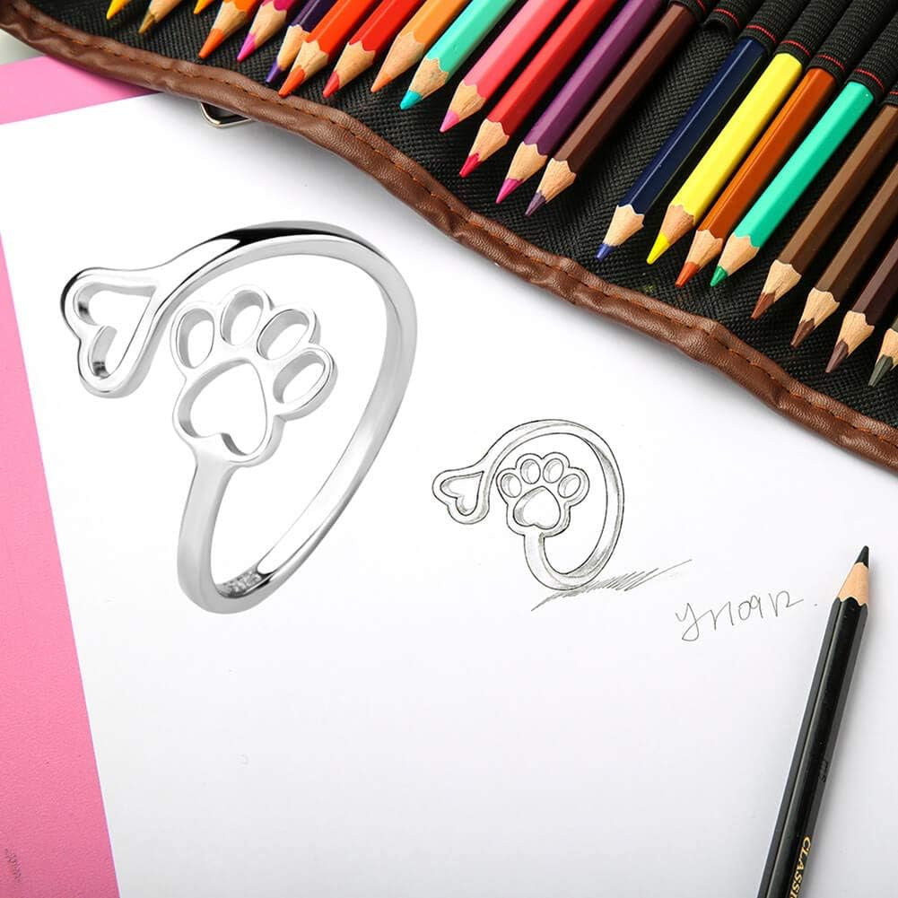 Puppy Pet Lovers Paw Print Ring Heart 925 Sterling Silver Adjustable Ring Pet Animal Jewelry Creative Pierced Love Dog Cat Claw Ring Pet Loving Friend Families Gifts