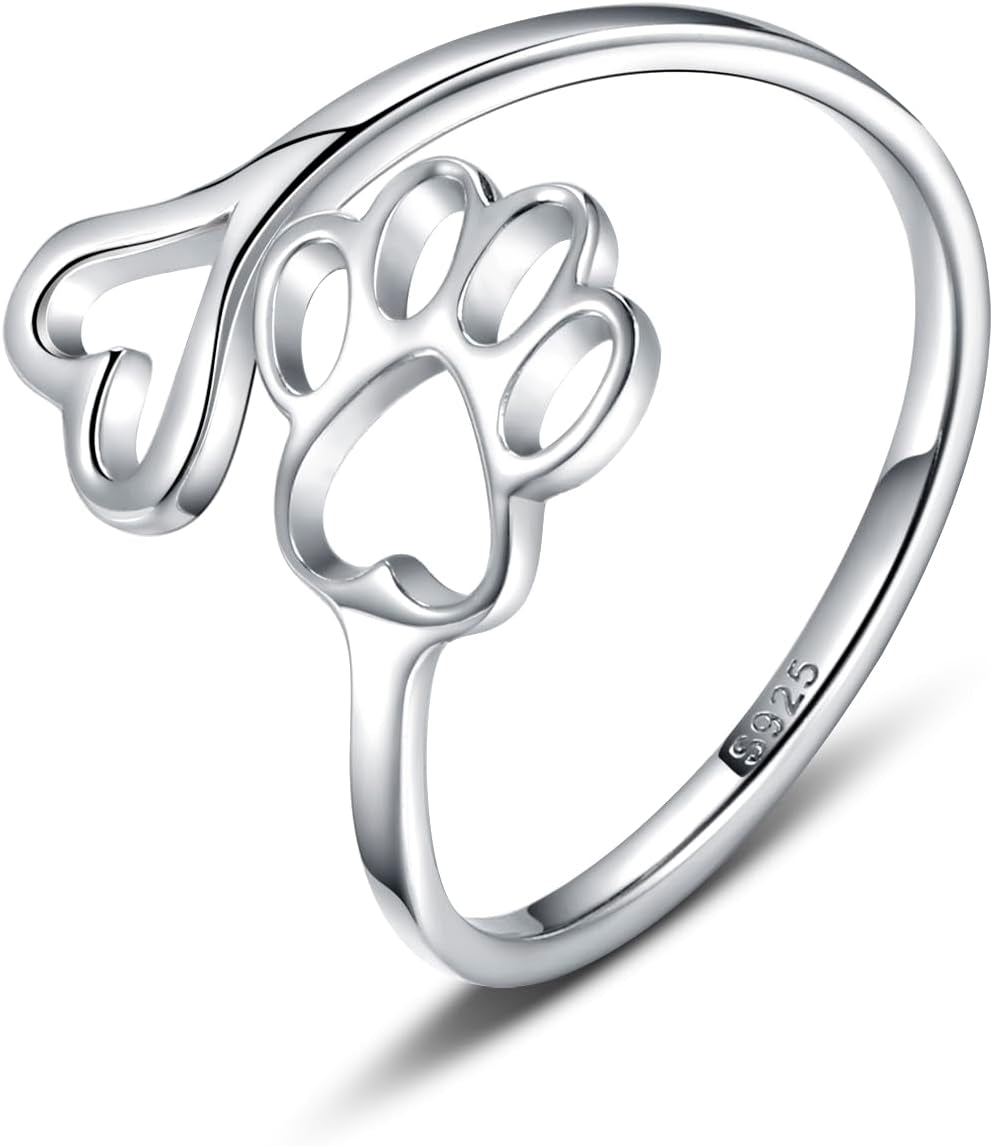 Puppy Pet Lovers Paw Print Ring Heart 925 Sterling Silver Adjustable Ring Pet Animal Jewelry Creative Pierced Love Dog Cat Claw Ring Pet Loving Friend Families Gifts