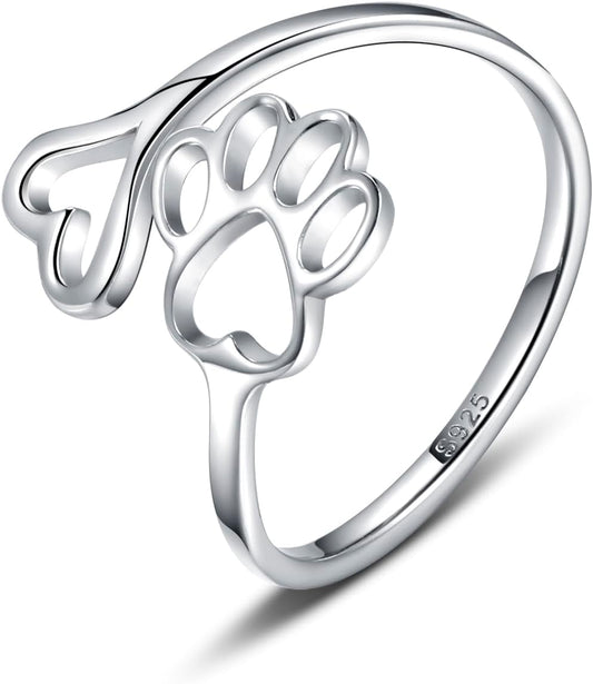 Puppy Pet Lovers Paw Print Ring Heart 925 Sterling Silver Adjustable Ring Pet Animal Jewelry Creative Pierced Love Dog Cat Claw Ring Pet Loving Friend Families Gifts