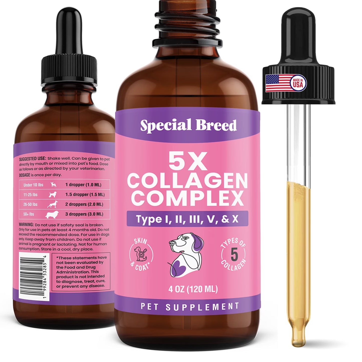 Premium Liquid Collagen for Dogs - 5X Collagen Types I, II, II, V & X - Support for Joints, Skin, Coat, Bone, Immune System & Hips - Collagen Supplement with Hyaluronic Acid - Made in USA - 4Oz