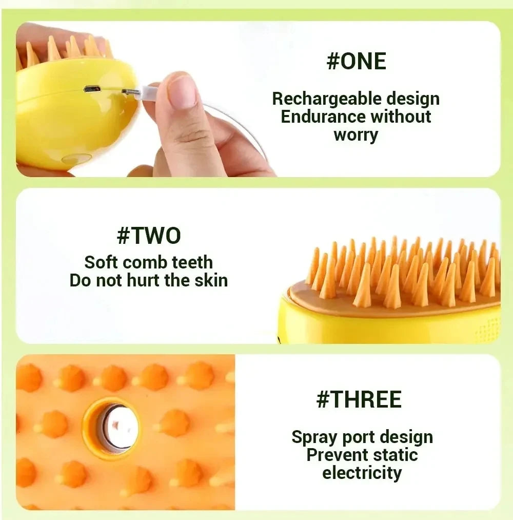 3-in-1 Electric Pet Steam Brush – Spray, Massage & Groom