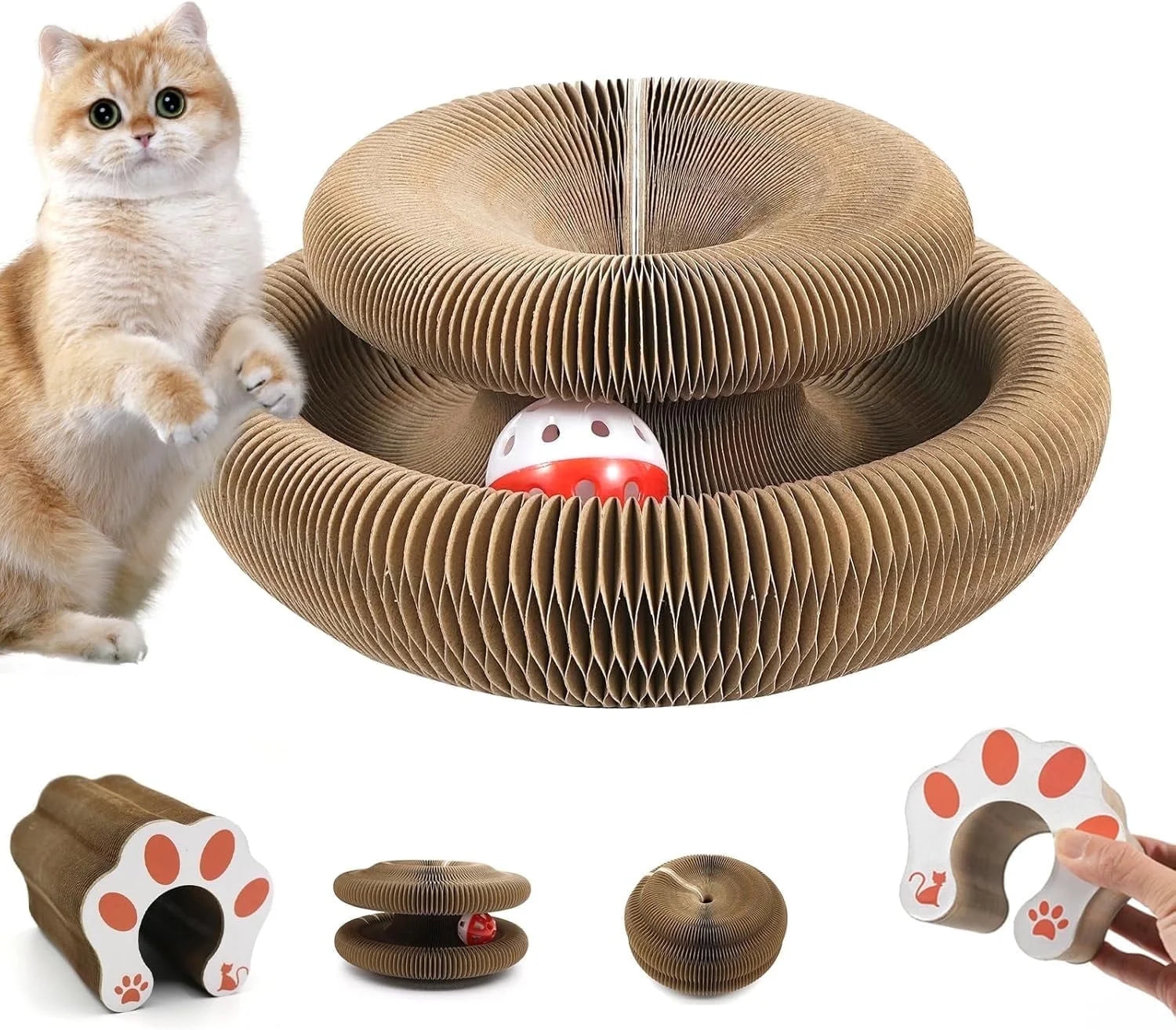 LCOKEIY Accordion Magic Organ Cat Scratching Board Toy with Two Bell Balls- 2 Pcs Kitty Kurlz Ball Scratch Pad Scratcher