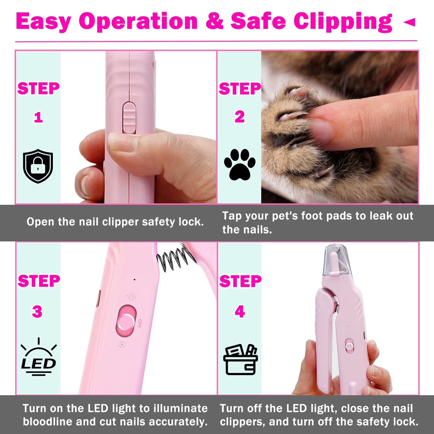 Electric Dog Cat Nail Clippers Trimmer with LED Light Durable Grinder for Large Medium Small Dogs Cats Pets, Pink