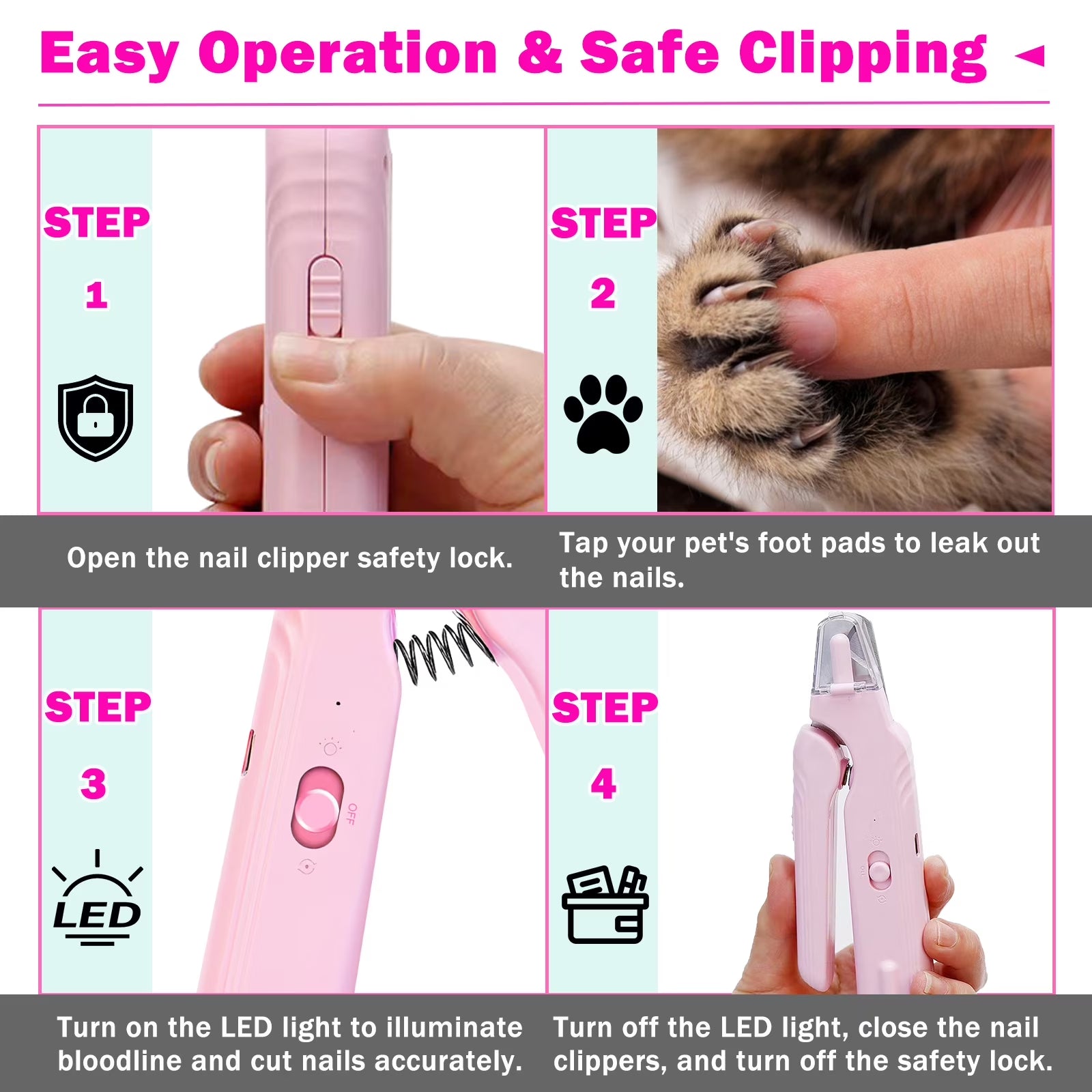 Electric Dog Cat Nail Clippers Trimmer with LED Light Durable Grinder for Large Medium Small Dogs Cats Pets, Pink