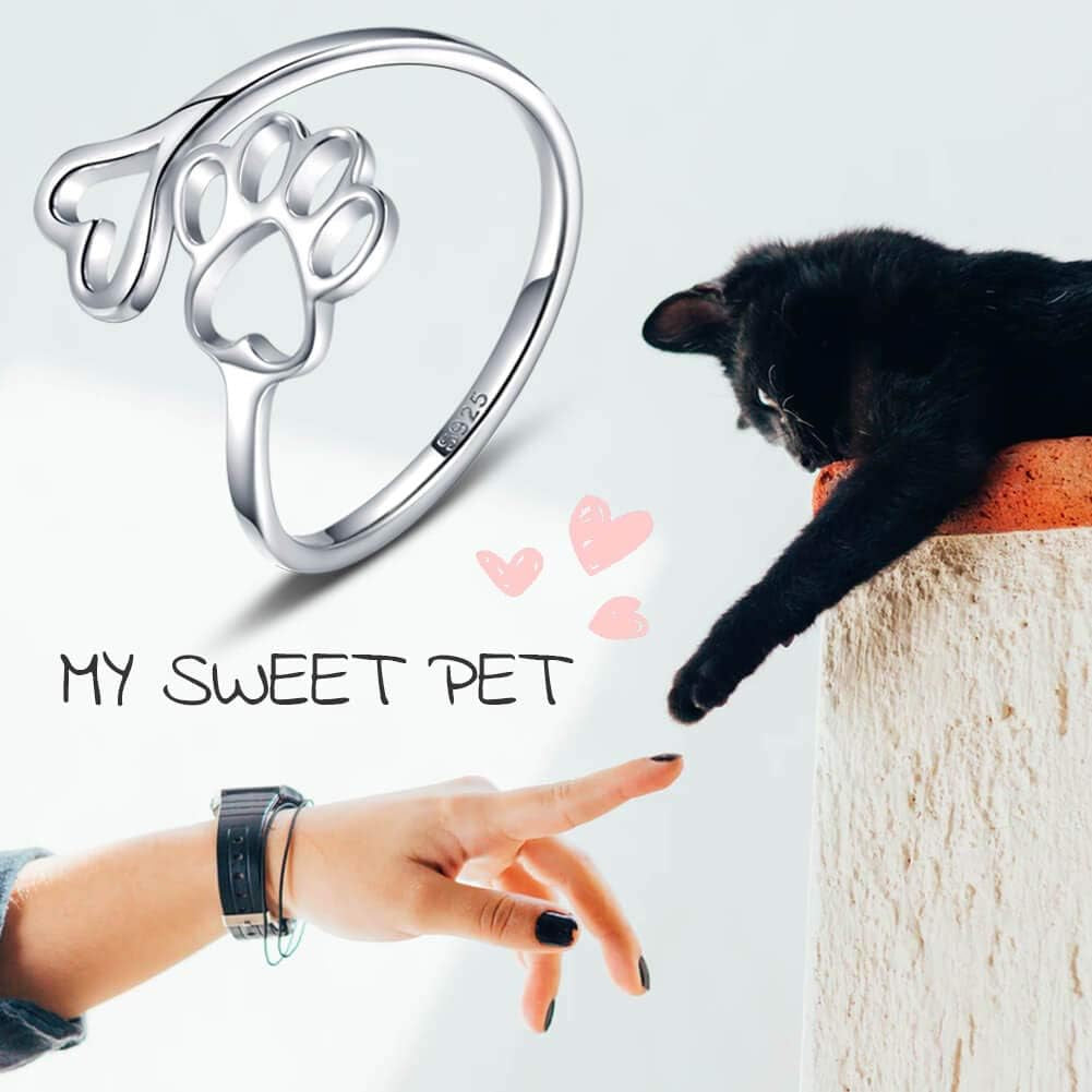 Puppy Pet Lovers Paw Print Ring Heart 925 Sterling Silver Adjustable Ring Pet Animal Jewelry Creative Pierced Love Dog Cat Claw Ring Pet Loving Friend Families Gifts