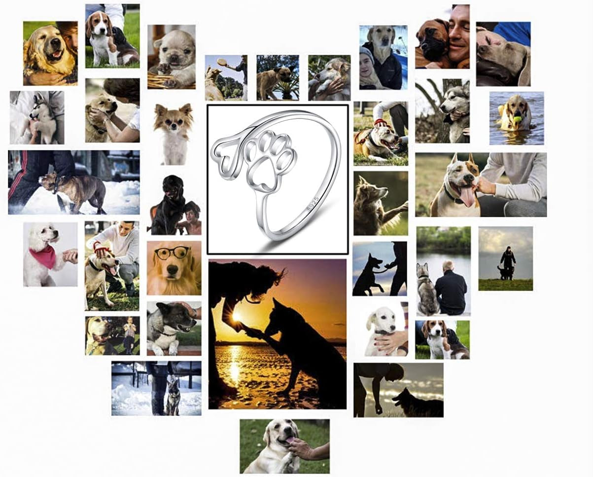 Puppy Pet Lovers Paw Print Ring Heart 925 Sterling Silver Adjustable Ring Pet Animal Jewelry Creative Pierced Love Dog Cat Claw Ring Pet Loving Friend Families Gifts