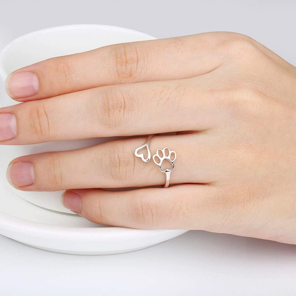 Puppy Pet Lovers Paw Print Ring Heart 925 Sterling Silver Adjustable Ring Pet Animal Jewelry Creative Pierced Love Dog Cat Claw Ring Pet Loving Friend Families Gifts