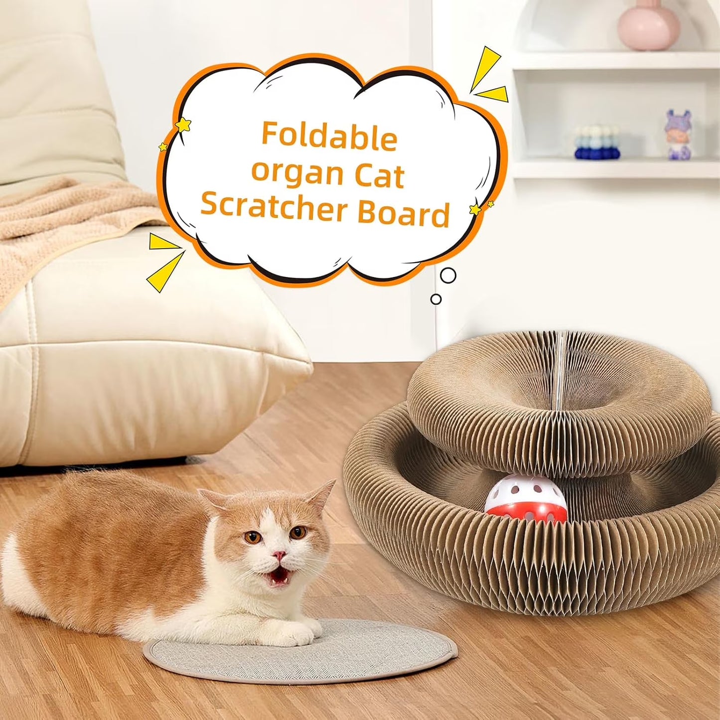 LCOKEIY Accordion Magic Organ Cat Scratching Board Toy with Two Bell Balls- 2 Pcs Kitty Kurlz Ball Scratch Pad Scratcher